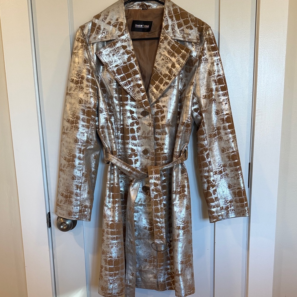 Brandon Thomas Leather and Silver Metallic Trench Coat